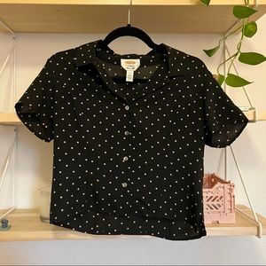 100% Silk Black Tan Polka Dot Cropped Button Up Collared Blouse